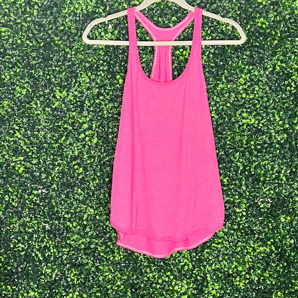 Lululemon Racer Back Pink Tank Top With Gray Stripes And Scalloped Edges, Sz 6